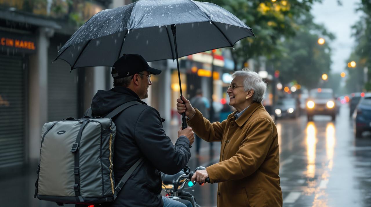 外卖小哥雨中为老人撑伞走完全程，暖心视频感动全网